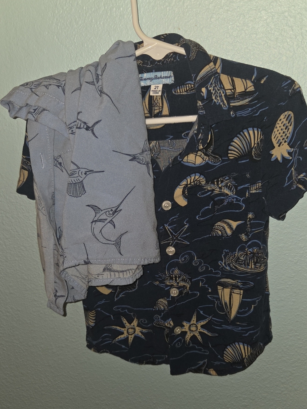 2 Tommy Bahama Navy Button-Down Shirt Tan Nautical Print, Light Blue Sail Fish